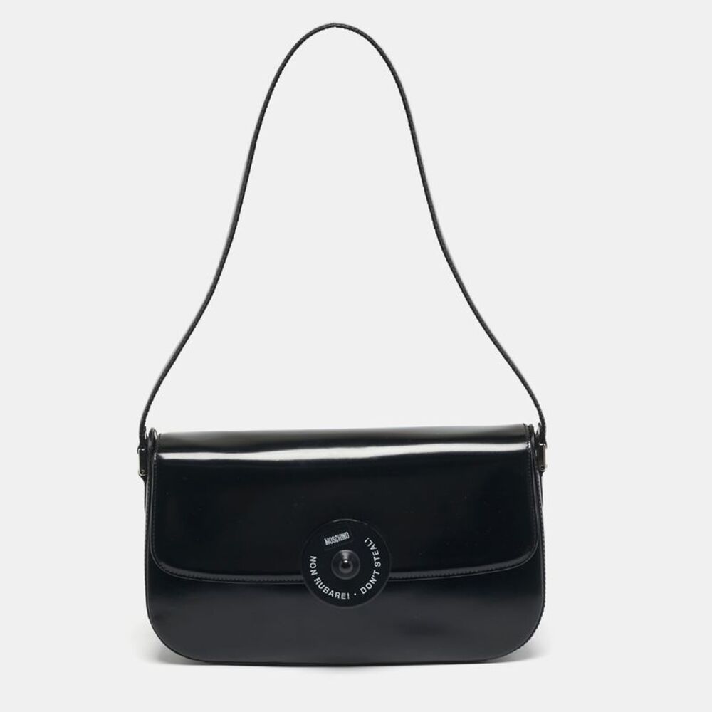 Moschino Black Glossy Leather Flap Shoulder Bag